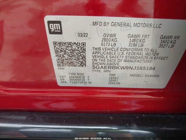 45149809 :رقم المزاد ، 5GAERBKW9NJ165184 vin ، 2022 Buick Enclave Fwd Essence مزاد بيع