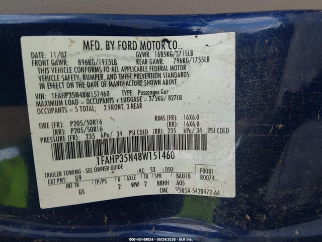 45149824 :رقم المزاد ، 1FAHP35N48W151460 vin ، 2008 Ford Focus Se/ses مزاد بيع