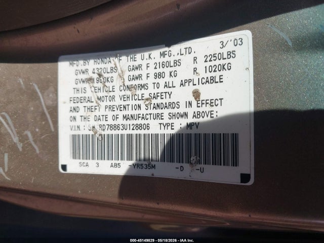 Aukcja sprzedaży 2003 Honda Cr-v Ex, vin: SHSRD78863U128806, numer aukcji: 45149829