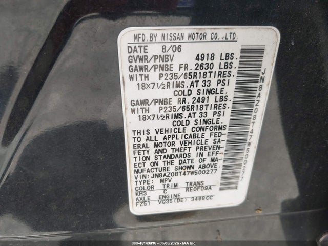 2007 Nissan Murano Sl მანქანა იყიდება აუქციონზე, vin: JN8AZ08T47W500277, აუქციონის ნომერი: 45149836