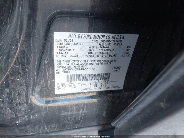 Aukcja sprzedaży 2004 Ford F-150 Lariat/xlt, vin: 1FTPW12584KC61186, numer aukcji: 45149842