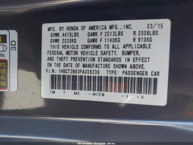 1HGCT2B83FA006236 Honda Accord Ex-l V-6
