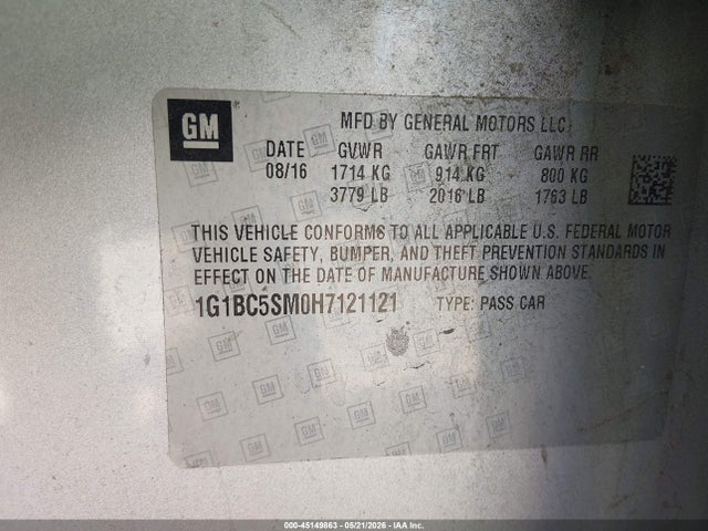 Продажа на аукционе авто 2017 Chevrolet Cruze Ls Auto, vin: 1G1BC5SM0H7121121, номер лота: 45149863