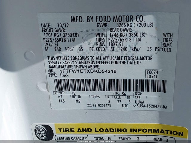 45149868 :رقم المزاد ، 1FTFW1ETXDKD54216 vin ، 2013 Ford F-150 Xlt مزاد بيع