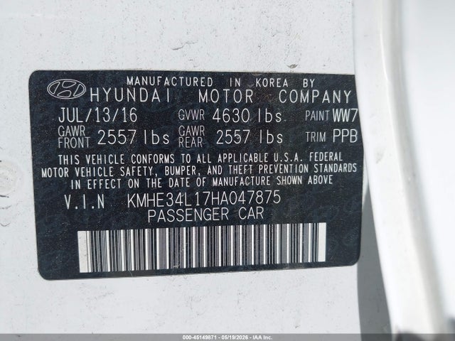 45149871 :رقم المزاد ، KMHE34L17HA047875 vin ، 2017 Hyundai Sonata Hybrid Limited مزاد بيع