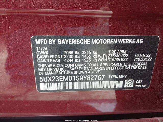 2025 Bmw X7 Xdrive40i მანქანა იყიდება აუქციონზე, vin: 5UX23EM01S9Y82767, აუქციონის ნომერი: 45149875