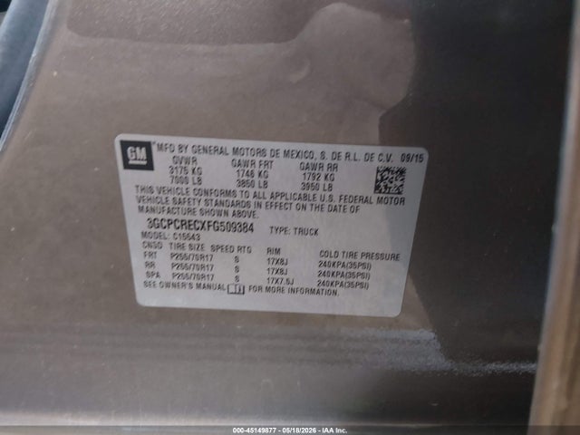 2015 Chevrolet Silverado 1500 1lt მანქანა იყიდება აუქციონზე, vin: 3GCPCRECXFG509384, აუქციონის ნომერი: 45149877