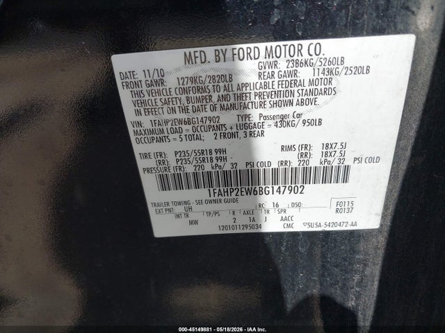 Aukcja sprzedaży 2011 Ford Taurus Sel, vin: 1FAHP2EW6BG147902, numer aukcji: 45149881