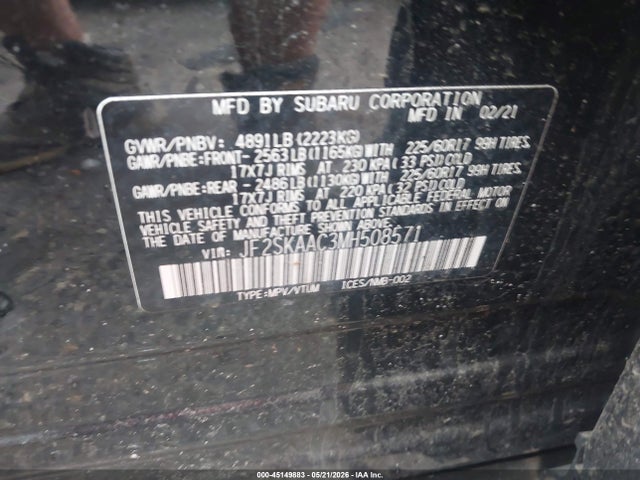 Aukcja sprzedaży 2021 Subaru Forester, vin: JF2SKAAC3MH508571, numer aukcji: 45149883