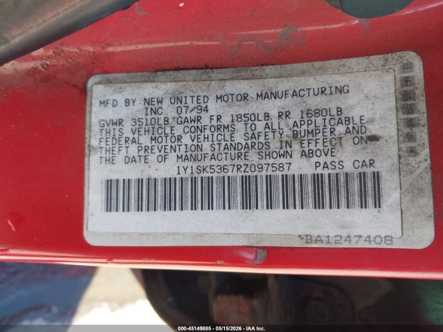 45149885 :رقم المزاد ، 1Y1SK5367RZ097587 vin ، 1994 Geo Prizm Lsi مزاد بيع