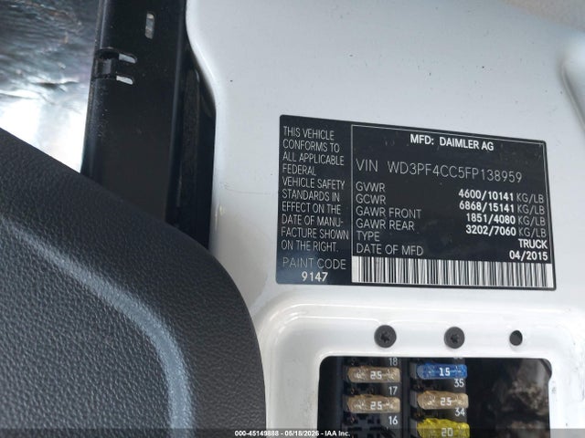 45149888 :رقم المزاد ، WD3PF4CC5FP138959 vin ، 2015 Mercedes-benz Sprinter 3500 High  Roof مزاد بيع