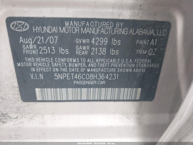 Продаж на аукціоні авто 2008 Hyundai Sonata Gls, vin: 5NPET46C08H364231, номер лоту: 45149889