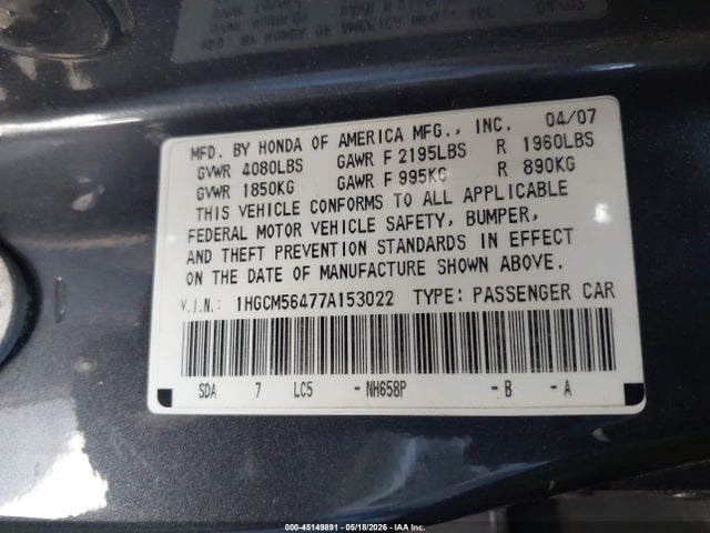 Продажа на аукционе авто 2007 Honda Accord 2.4 Lx, vin: 1HGCM56477A153022, номер лота: 45149891