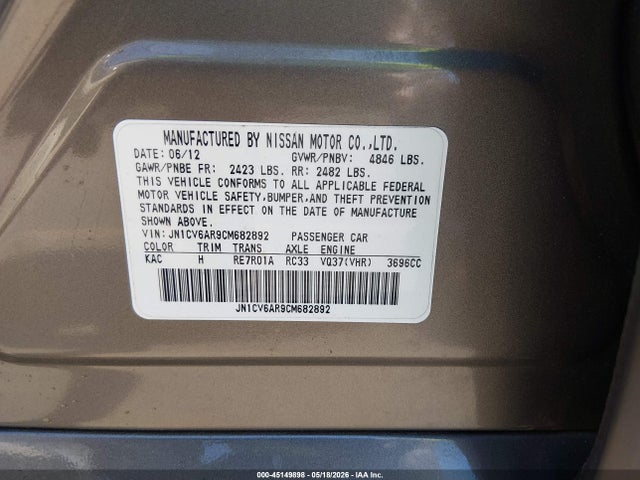 45149898 :رقم المزاد ، JN1CV6AR9CM682892 vin ، 2012 Infiniti G37x مزاد بيع