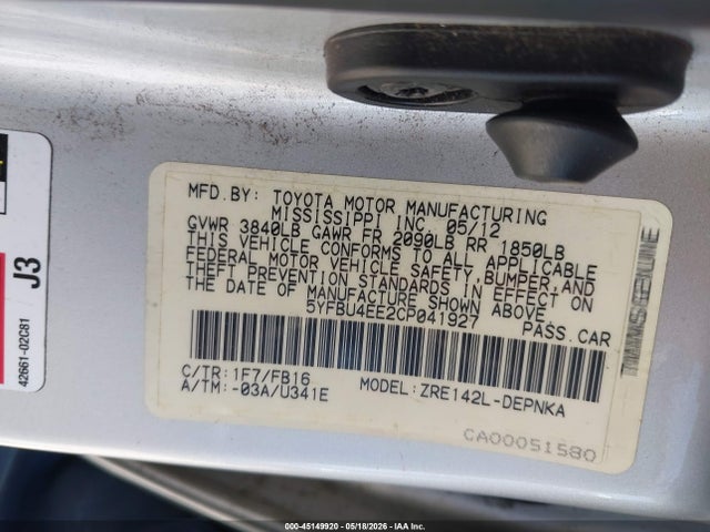 45149920 :رقم المزاد ، 5YFBU4EE2CP041927 vin ، 2012 Toyota Corolla Le مزاد بيع