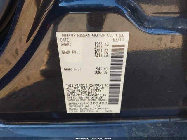 Продажа на аукционе авто 2019 Nissan Altima 2.5 Sl, vin: 1N4BL4EV4KC207400, номер лота: 45149922