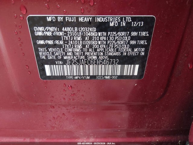 45149924 :رقم المزاد ، JF2SJAEC6EH546732 vin ، 2014 Subaru Forester 2.5i Premium مزاد بيع