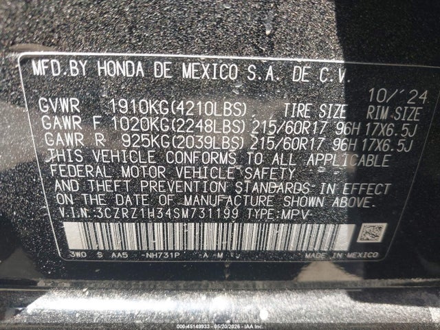 3CZRZ1H34SM731199 Honda Hr-v 2wd Lx