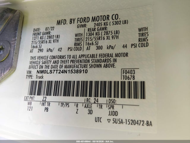 Aukcja sprzedaży 2022 Ford Transit Connect Xlt, vin: NM0LS7T24N1538910, numer aukcji: 45149944