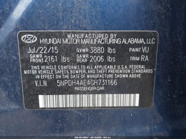 Продаж на аукціоні авто 2016 Hyundai Elantra Se, vin: 5NPDH4AE4GH731166, номер лоту: 45149947