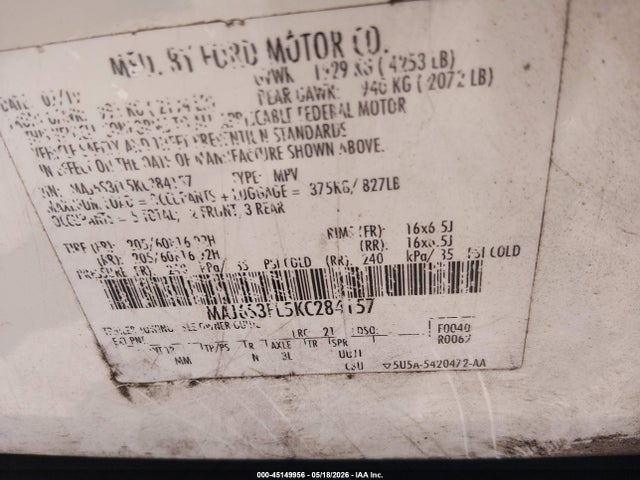 Auction sale of the 2019 Ford Ecosport S, vin: MAJ6S3FL5KC284157, lot number: 45149956