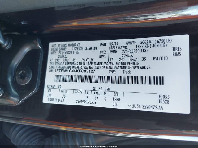 Aukcja sprzedaży 2019 Ford F-150 Xl, vin: 1FTEW1C46KFC03127, numer aukcji: 45149957