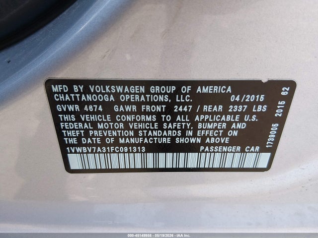Продаж на аукціоні авто 2015 Volkswagen Passat 2.0l Tdi Se, vin: 1VWBV7A31FC091313, номер лоту: 45149958