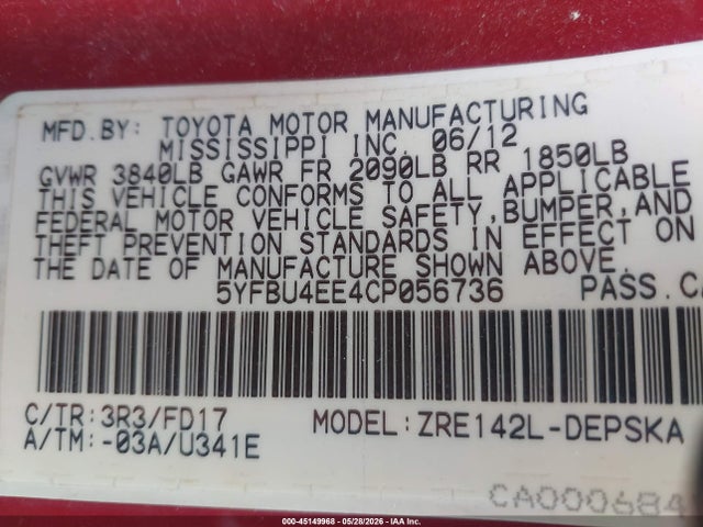 Aukcja sprzedaży 2012 Toyota Corolla S, vin: 5YFBU4EE4CP056736, numer aukcji: 45149968