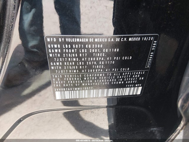 Aukcja sprzedaży 2021 Volkswagen Tiguan 2.0t S, vin: 3VV0B7AX1MM019577, numer aukcji: 45149970