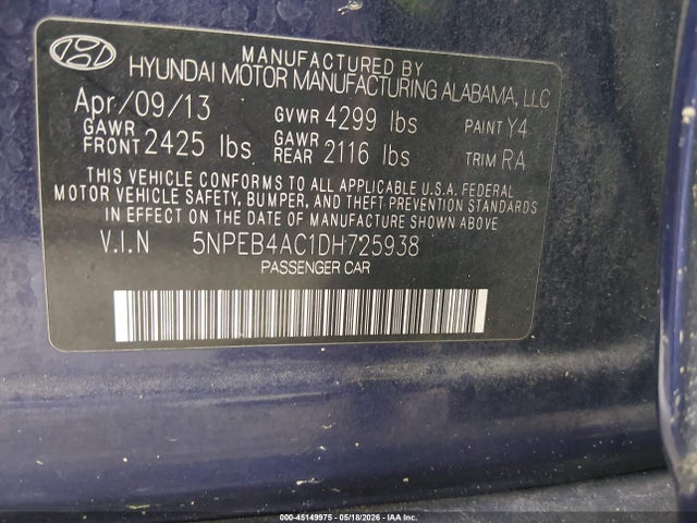 45149975 :رقم المزاد ، 5NPEB4AC1DH725938 vin ، 2013 Hyundai Sonata Gls مزاد بيع