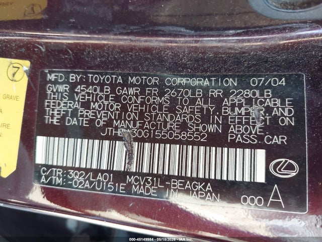 Aukcja sprzedaży 2005 Lexus Es 330, vin: JTHBA30G155058552, numer aukcji: 45149984