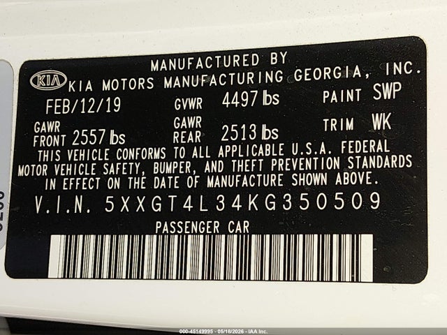 KIA Optima Lx 2019 5XXGT4L34KG350509 Image 9