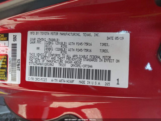 Aukcja sprzedaży 2019 Toyota Tacoma Sr5 V6, vin: 5TFSZ5AN6KX201062, numer aukcji: 45149997