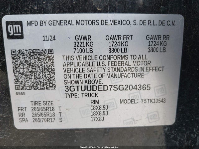 Aukcja sprzedaży 2025 Gmc Sierra 1500 4wd  Short Box Slt, vin: 3GTUUDED7SG204365, numer aukcji: 45150001