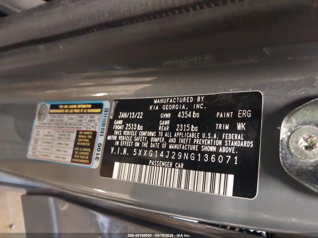 45150000 :رقم المزاد ، 5XXG14J29NG136071 vin ، 2022 Kia K5 Lxs مزاد بيع
