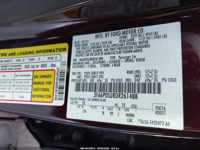 2013 Ford Fusion Energi Titanium მანქანა იყიდება აუქციონზე, vin: 3FA6P0SU8DR261488, აუქციონის ნომერი: 45150013