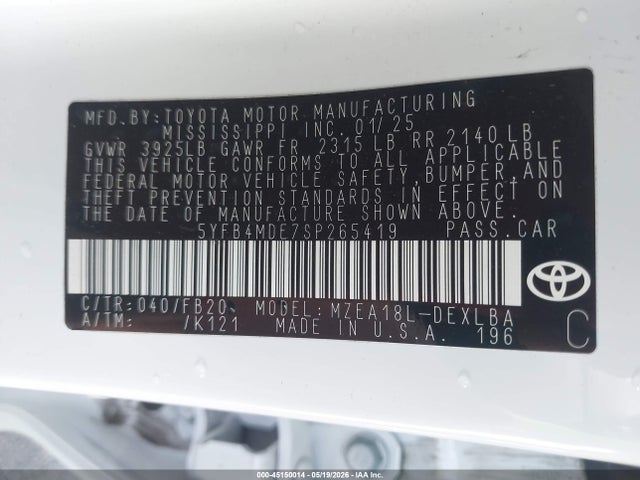 Aukcja sprzedaży 2025 Toyota Corolla Le, vin: 5YFB4MDE7SP265419, numer aukcji: 45150014