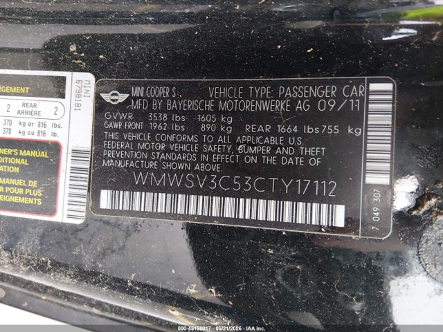 45150017 :رقم المزاد ، WMWSV3C53CTY17112 vin ، 2012 Mini Cooper S مزاد بيع
