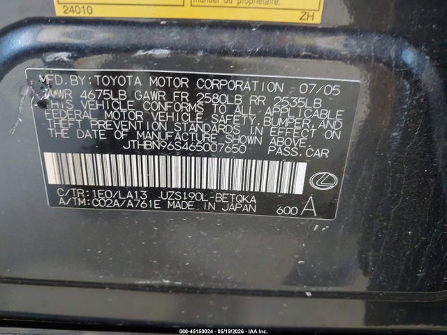 Aukcja sprzedaży 2006 Lexus Gs 430, vin: JTHBN96S465007650, numer aukcji: 45150024