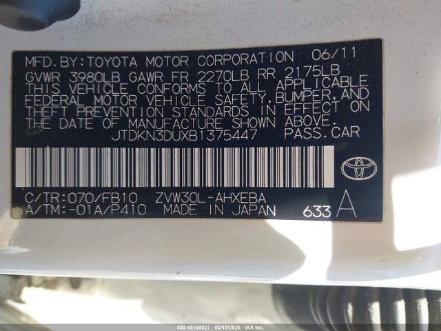 2011 Toyota Prius Two მანქანა იყიდება აუქციონზე, vin: JTDKN3DUXB1375447, აუქციონის ნომერი: 45150027