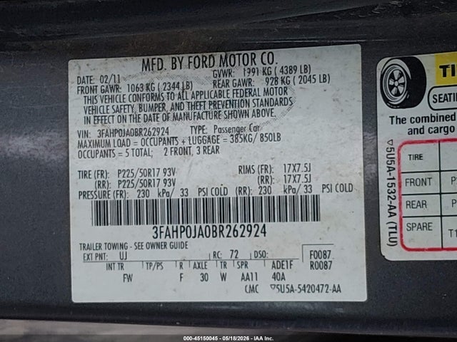 2011 Ford Fusion Sel მანქანა იყიდება აუქციონზე, vin: 3FAHP0JA0BR262924, აუქციონის ნომერი: 45150045