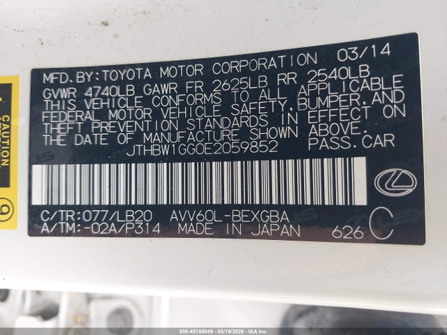 Aukcja sprzedaży 2014 Lexus Es 300h, vin: JTHBW1GG0E2059852, numer aukcji: 45150049