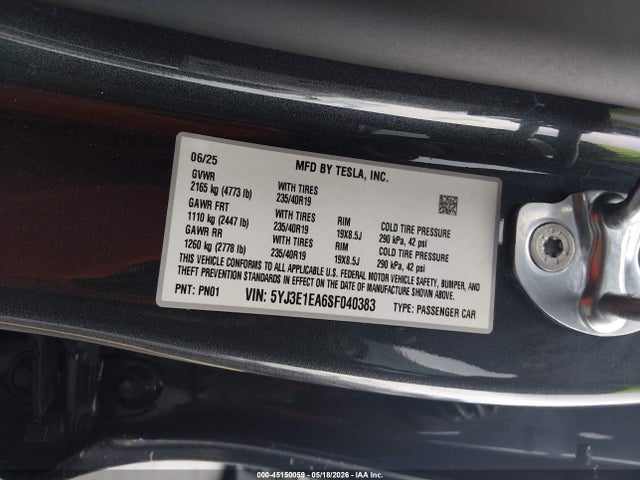 Aukcja sprzedaży 2025 Tesla Model 3 Long Range Rear-wheel Drive/standard Rear-wheel Drive, vin: 5YJ3E1EA6SF040383, numer aukcji: 45150059