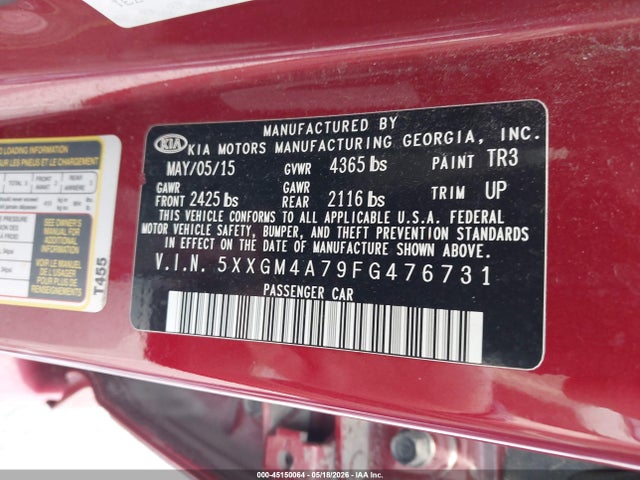 45150064 :رقم المزاد ، 5XXGM4A79FG476731 vin ، 2015 Kia Optima Lx مزاد بيع