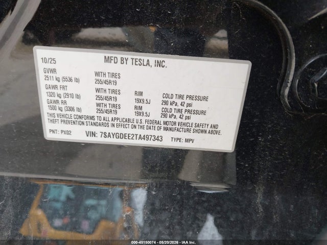 Продажа на аукционе авто 2026 Tesla Model Y, vin: 7SAYGDEE2TA497343, номер лота: 45150074