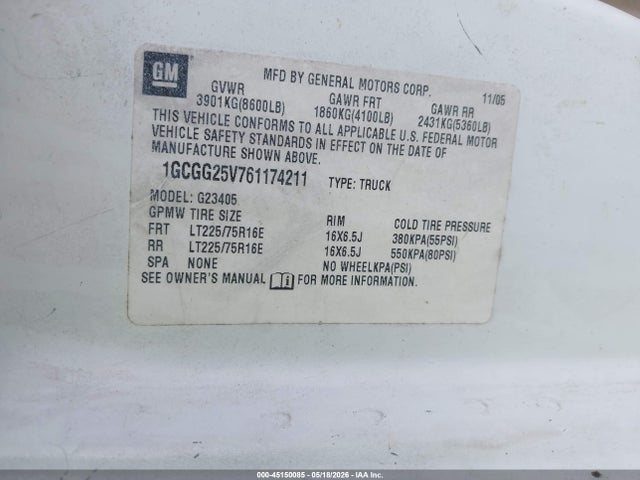 Aukcja sprzedaży 2006 Chevrolet Express Work Van, vin: 1GCGG25V761174211, numer aukcji: 45150085