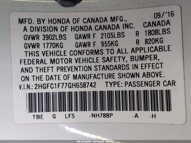 Honda Civic Ex-l 2016 2HGFC1F77GH658742 Image 9