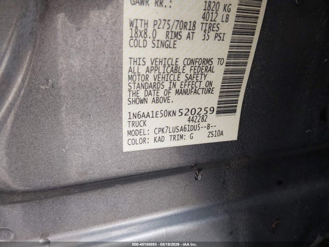 45150093 :رقم المزاد ، 1N6AA1E50KN520259 vin ، 2019 Nissan Titan Pro-4x مزاد بيع