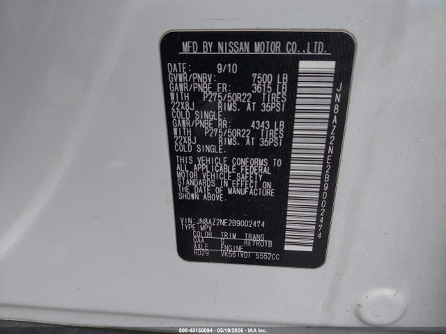 Auction sale of the 2011 Infiniti Qx56, vin: JN8AZ2NE2B9002474, lot number: 45150094