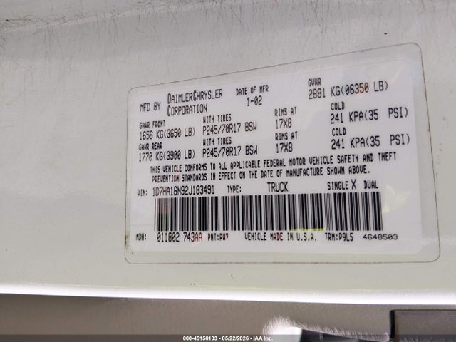 Продаж на аукціоні авто 2002 Dodge Ram 1500 St, vin: 1D7HA16N92J183491, номер лоту: 45150103